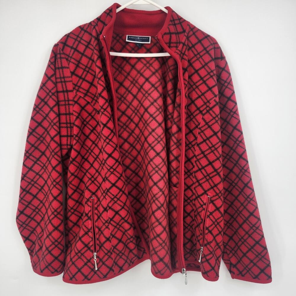 Karen Scott Sport Women's Fleece Jacket Large Red Black Plaid Full Zip Pockets